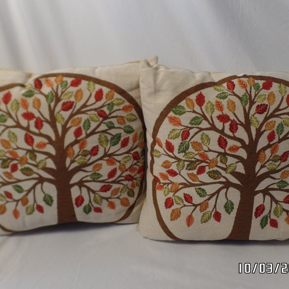 Fall Tapestry Pillows Trees Set of 2 15x15 Excellent Condition